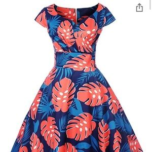 Blue & Orange Monstera Leaf Tropical Retro Dress